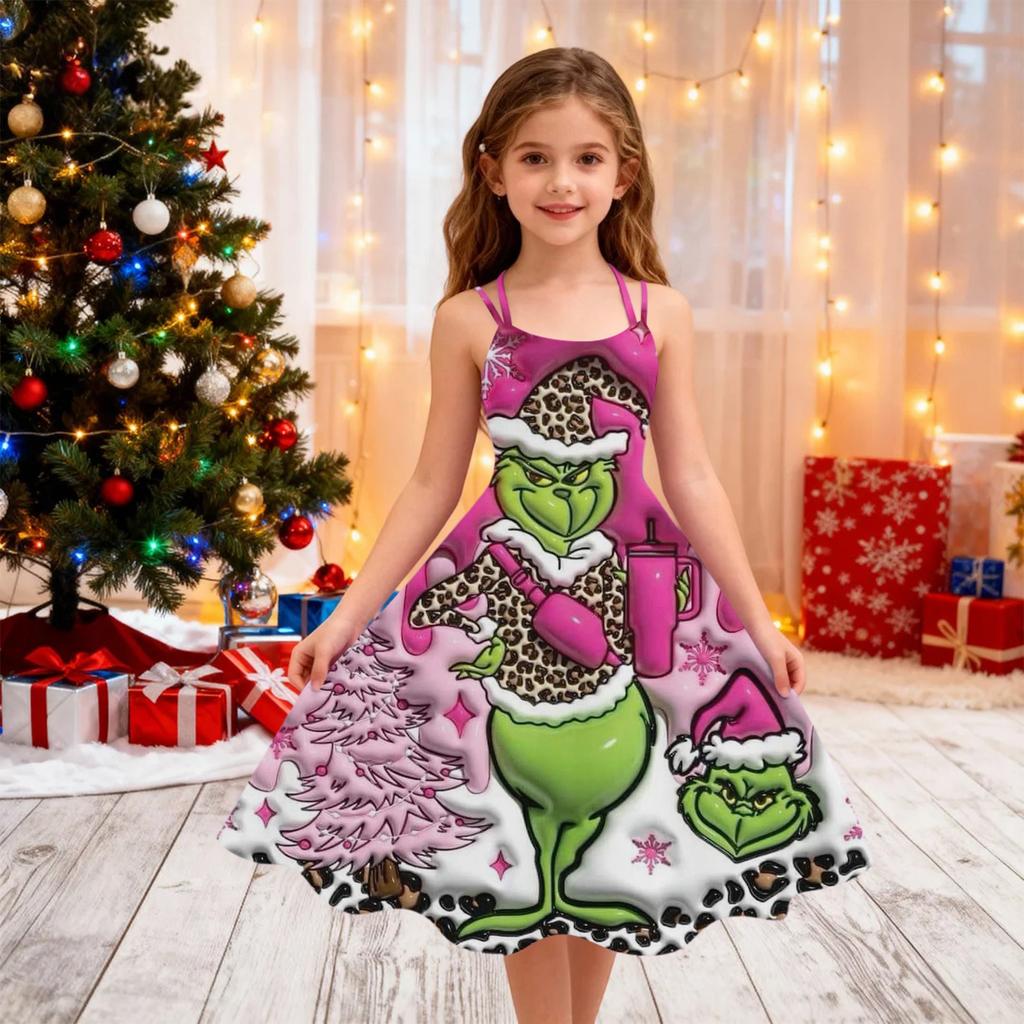 Children's Fashion Casual Christmas Print Off-Shoulder Punk Vintage Dress