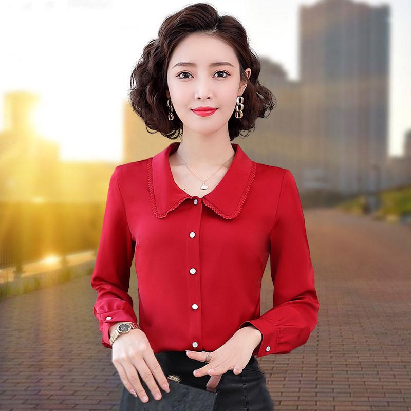 Women's Chiffon Long Sleeve Doll Collar Top for Spring/Autumn