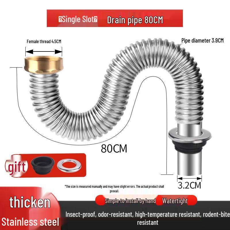 Stainless Steel Kitchen Sink Drain Pipe Set with Anti-Odor Features for Single or Double Sinks and Dishwasher Integration