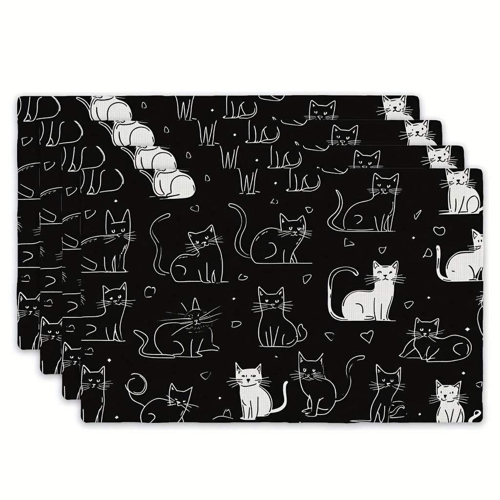 4pcs Set of Table Mats with Cute Cat Simple Line Drawing Patterns - 12" X 18" Rectangular Kitchen Dining Table Mat - Suitable Fo