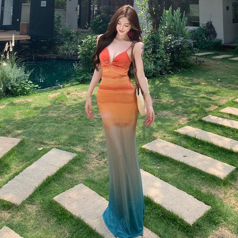 Spice Girls Sexy Mesh Print Suspender Dress Women's Beach Vacation Gradual Change Color Hollow Floor Dress