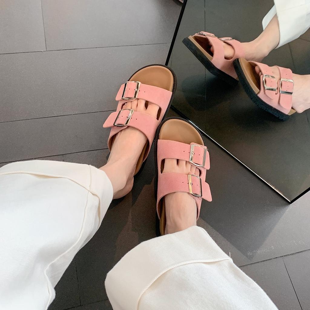 Spot Second Hair! Grape Mother Same Shoes Double Word with Square Buckle Thick-soled Casual Birken Flat-bottomed Cool Slippers Female Summer