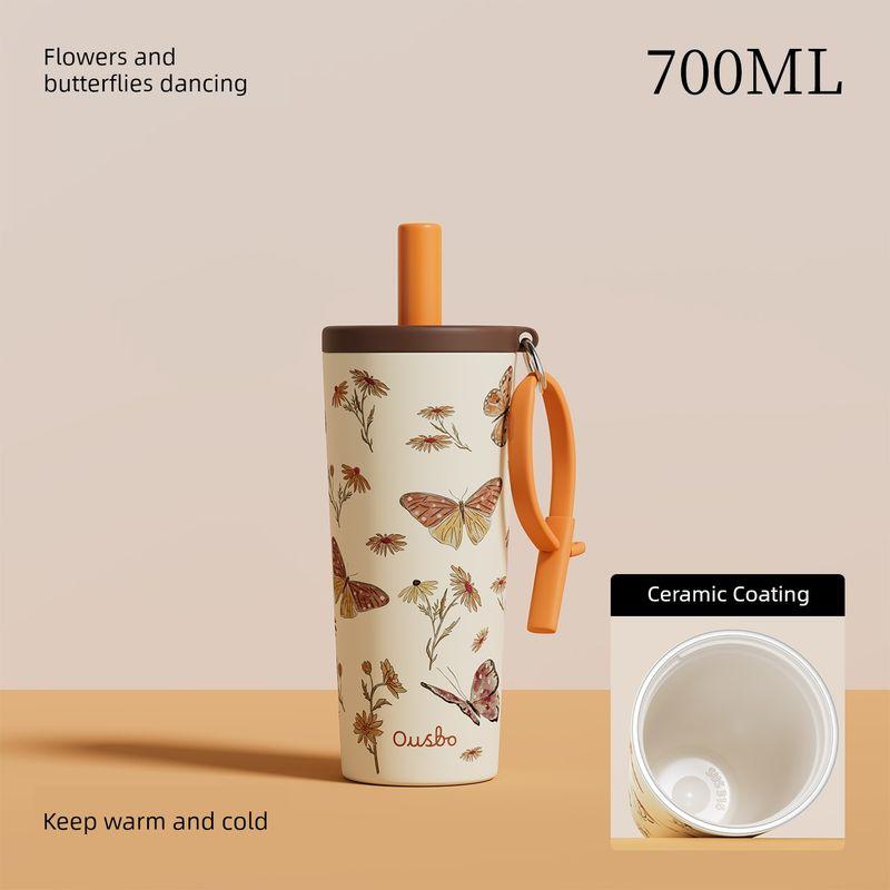 

Ousbo Large-Capacity Thermos Cup for Girls, High-Looking Straw Water Cup for Students, New Ceramic Liner Coffee Cup Butterfly Dance 700ml 316+ Ceramic Coating