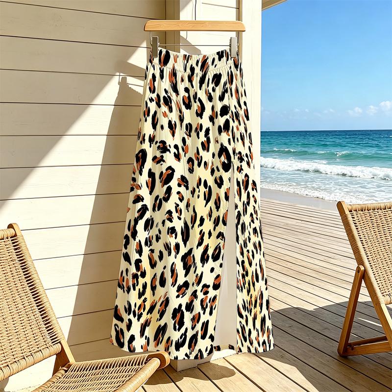 Women's Leopard Print Boho Split Beach Maxi Skirt, Lightweight Fabric for Beach Vacation