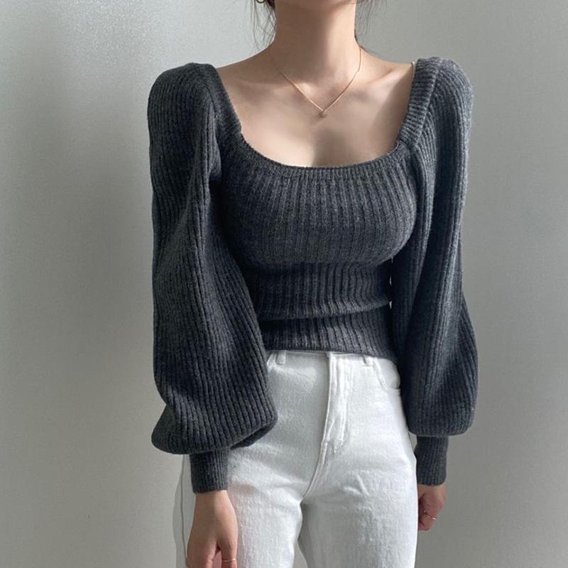 Thickened Square Neck Puff Sleeve Knit Top - Women's Slimming Waist Autumn/Winter Sweater