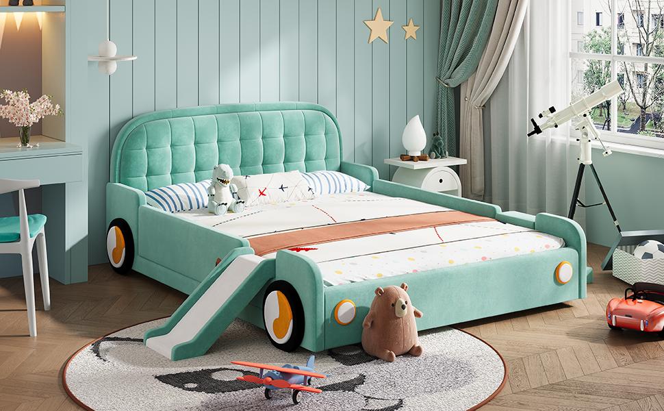 Letto, Letto a Forma di Macchina con Scivolo e Scala, Montabile Sinistra/Destra, Letto Imbottito in Turchese, Letto Gioco con Protezione anticaduta per Cameretta dei Bambini, 140x200 cm