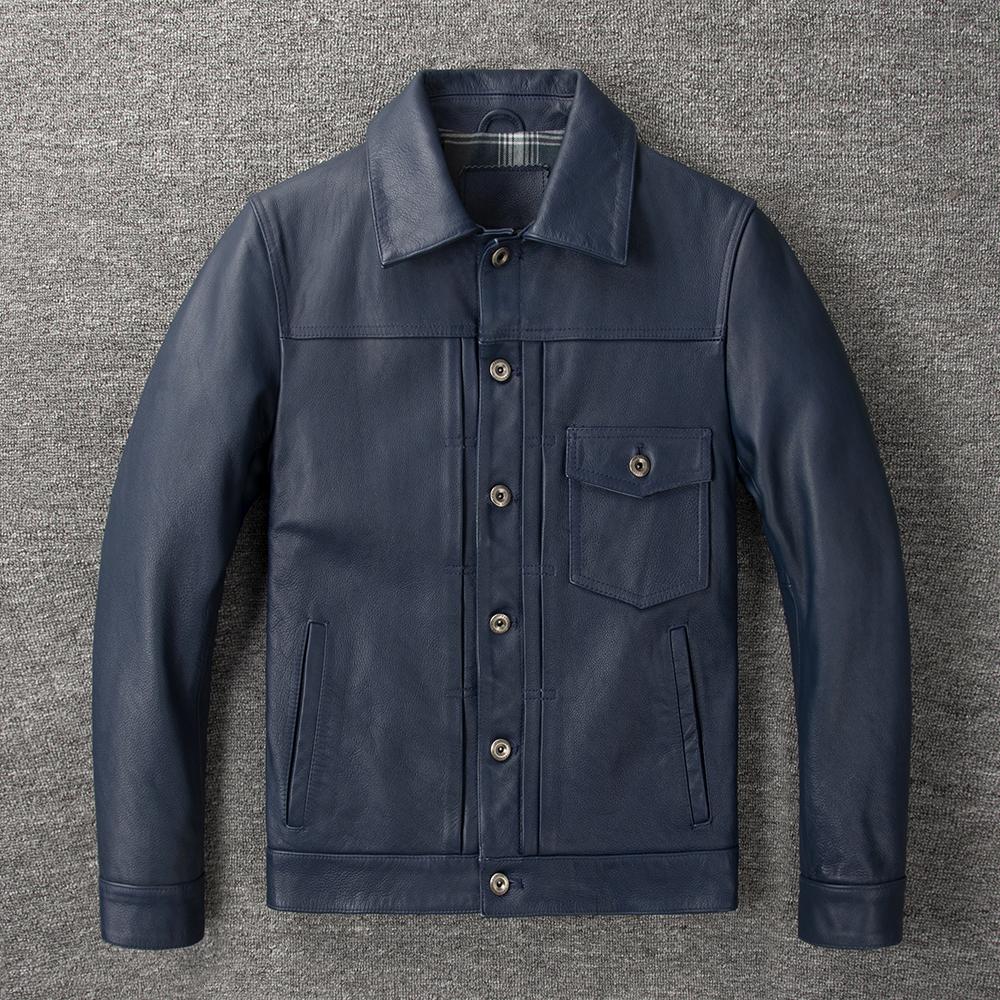 Classic 506 Style Genuine Cow Leather Jacket For Men Blue Black Natural Goatskin Coat Man  Slim Fit Soft Male Clothes Autumn