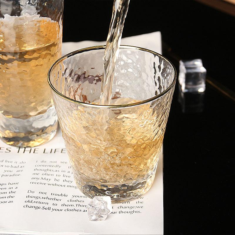 2pcs Set 11oz 330ml European Style Gold Edged Hammer Patterned Cup Transparent Heat-resistant Tea Mug Cocktail Whiskey Glasses