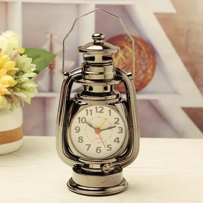 2026 New Vintage Oil Lamp Alarm Clock Retro Kerosene Light Table Clock Living Room Office Decor Craft Ornament Home Supplies