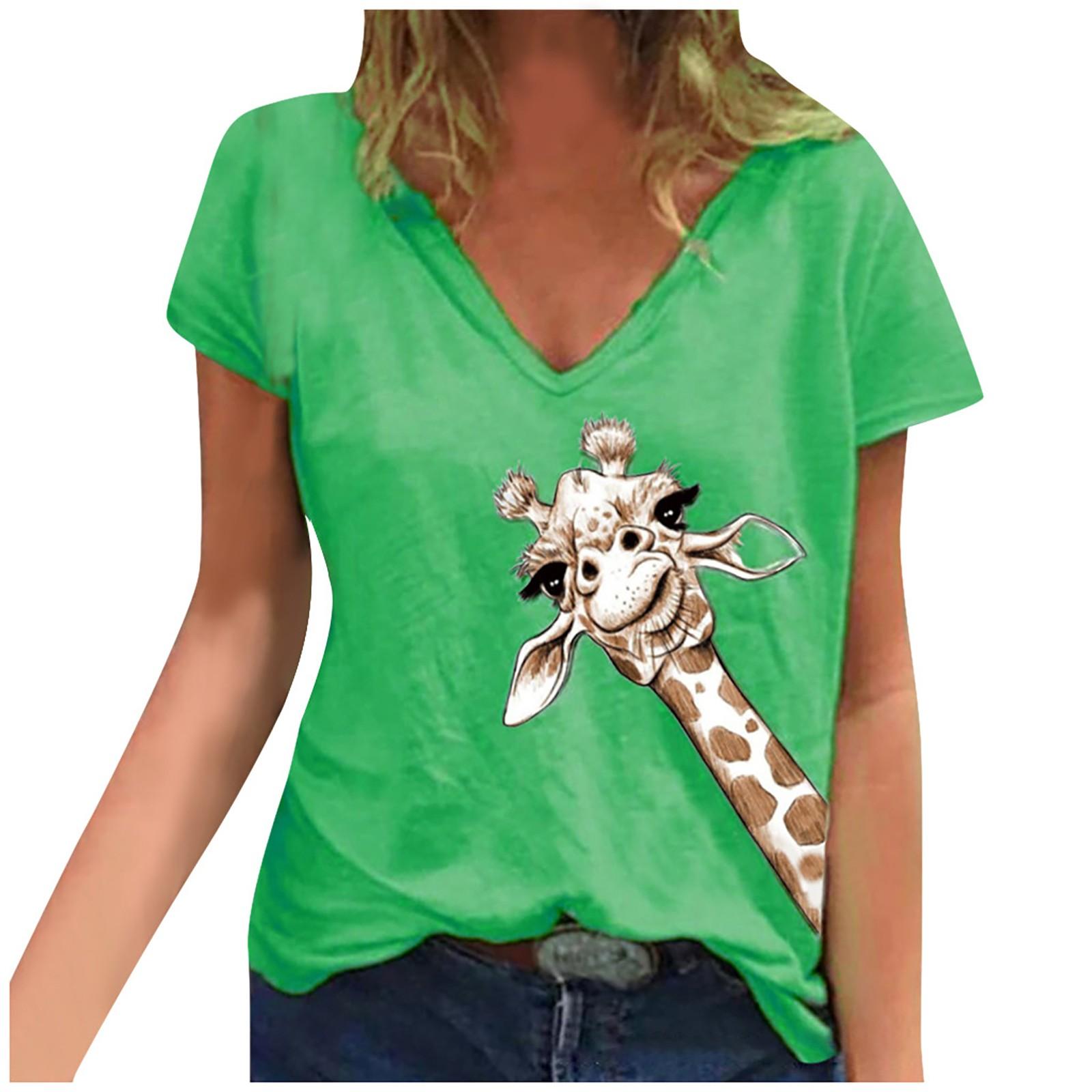 

(SU)Женские летние топы, свободная мягкая повседневная футболка с короткими рукавами и жирафом, блузка
