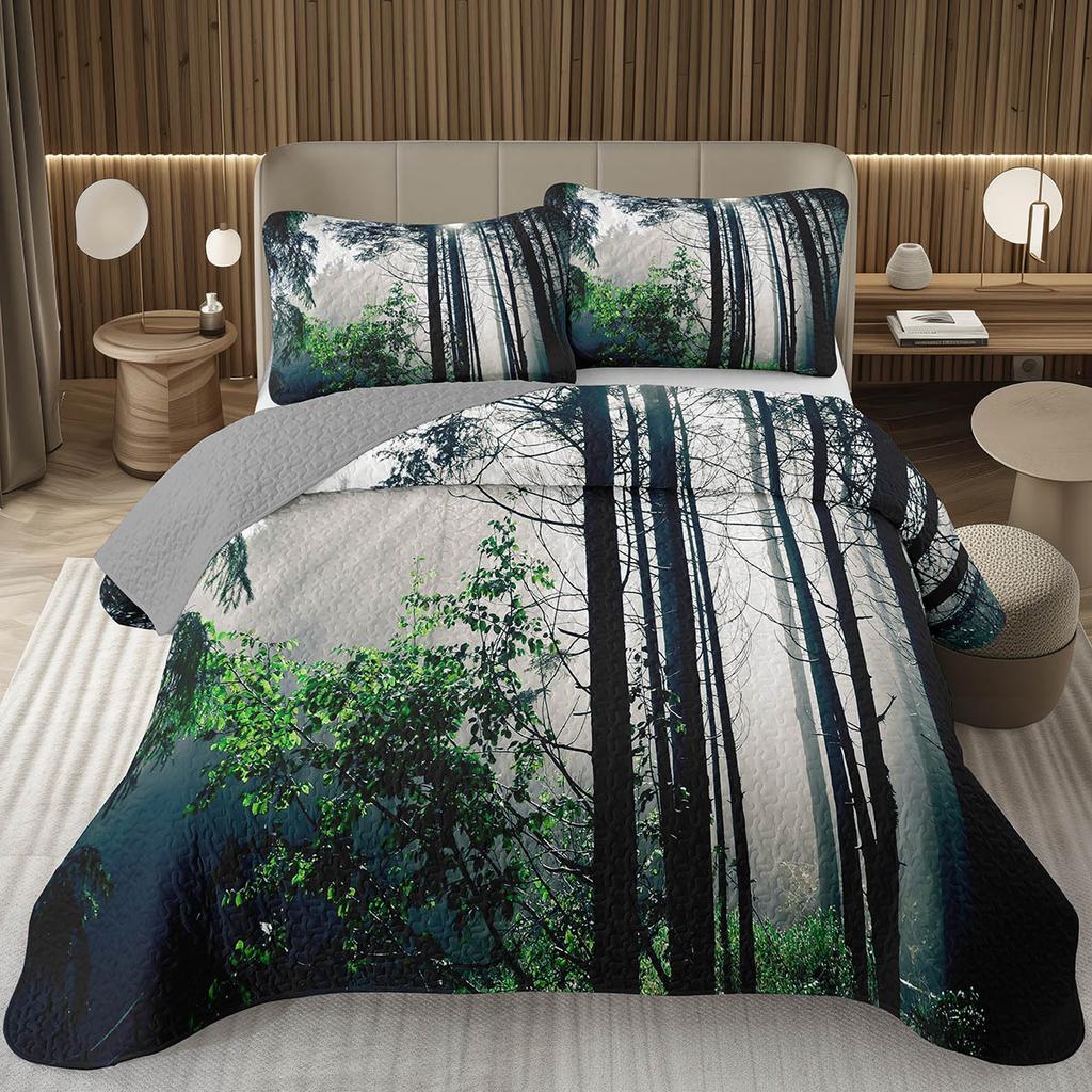Přehoz na postel Queen/Twin s lesním motivem, Sada prošívané přikrývky s přírodní scenérií, Měkká lehká botanická přehoz na postel se stromem, Rustikální selská ložní souprava