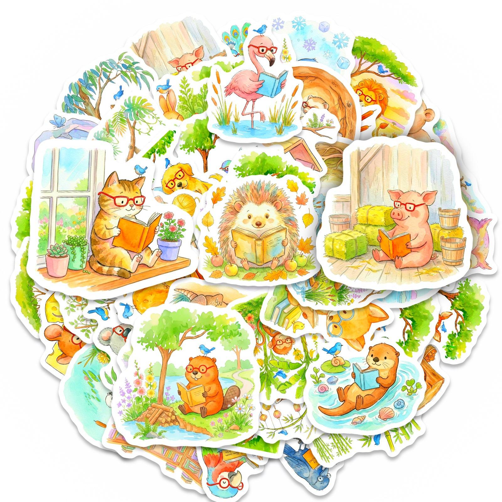 50 Outdoor Cartoon Animal Reading Stickers Healing Watercolor Stickers Luggage Waterproof Stickers