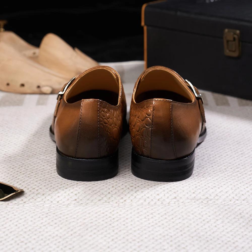 Fashion Luxury Men's Genuine Leather Monk Strap Shoes Cowhide Business Office Formal Dress Shoes with Buckle Italian Style for Weddings