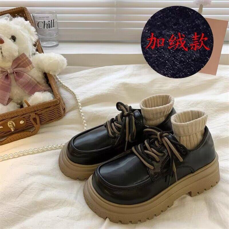With Skirts, Small Leather Shoes, Women's Autumn 2025 New Retro British Style Velvet Versatile Round Head Thick Sole Height Increase Single