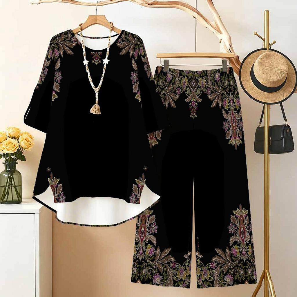 Women's 2‑Piece Outfit, Bohemian Ornate 3/4 Sleeve Irregular Hem Top & Wide Leg Pants Set, Casual Loose Matching Suit