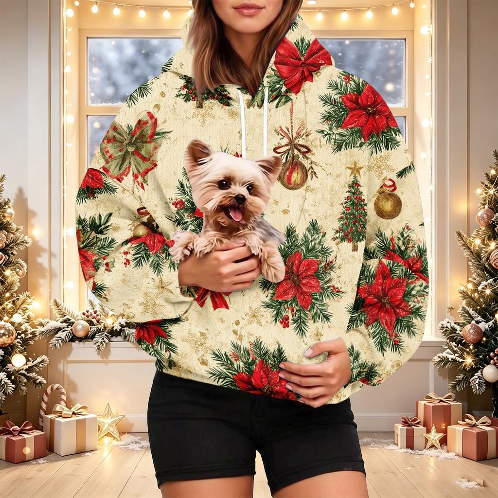 Women's Stylish Christmas Print Hoodie with Pet Pocket, Casual Holiday Pullover for Winter Wear