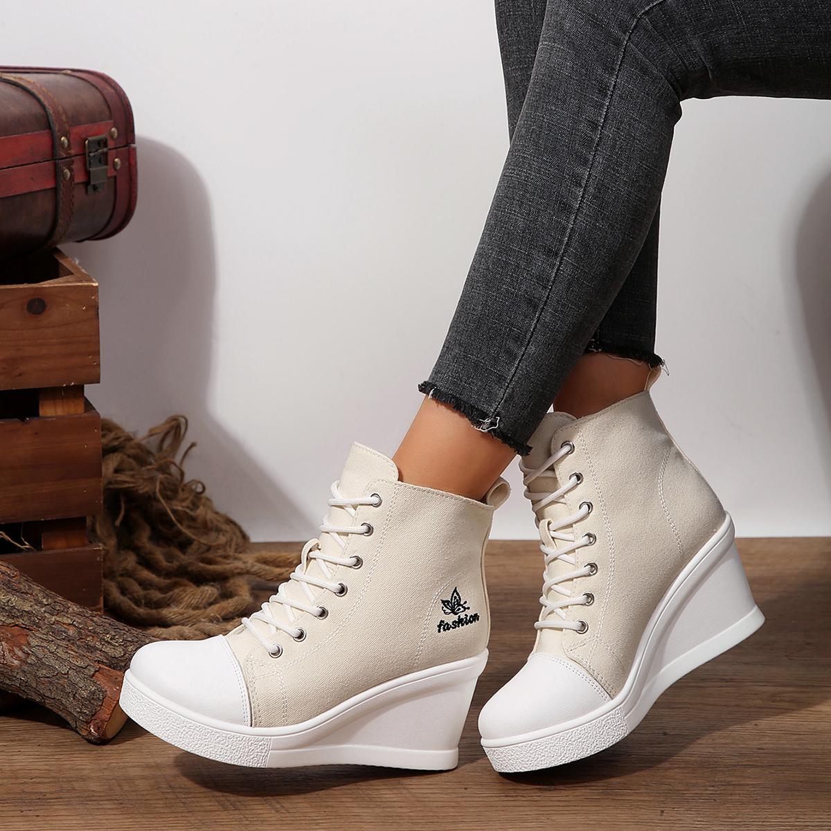 

Fashion Sexy Leopard Wedge Heel Lace Up Canvas Shoes Women 2025 Autumn Round Toe Medium Heel Shoes Fashion Thick Bottom Ankle Boots 42 білий