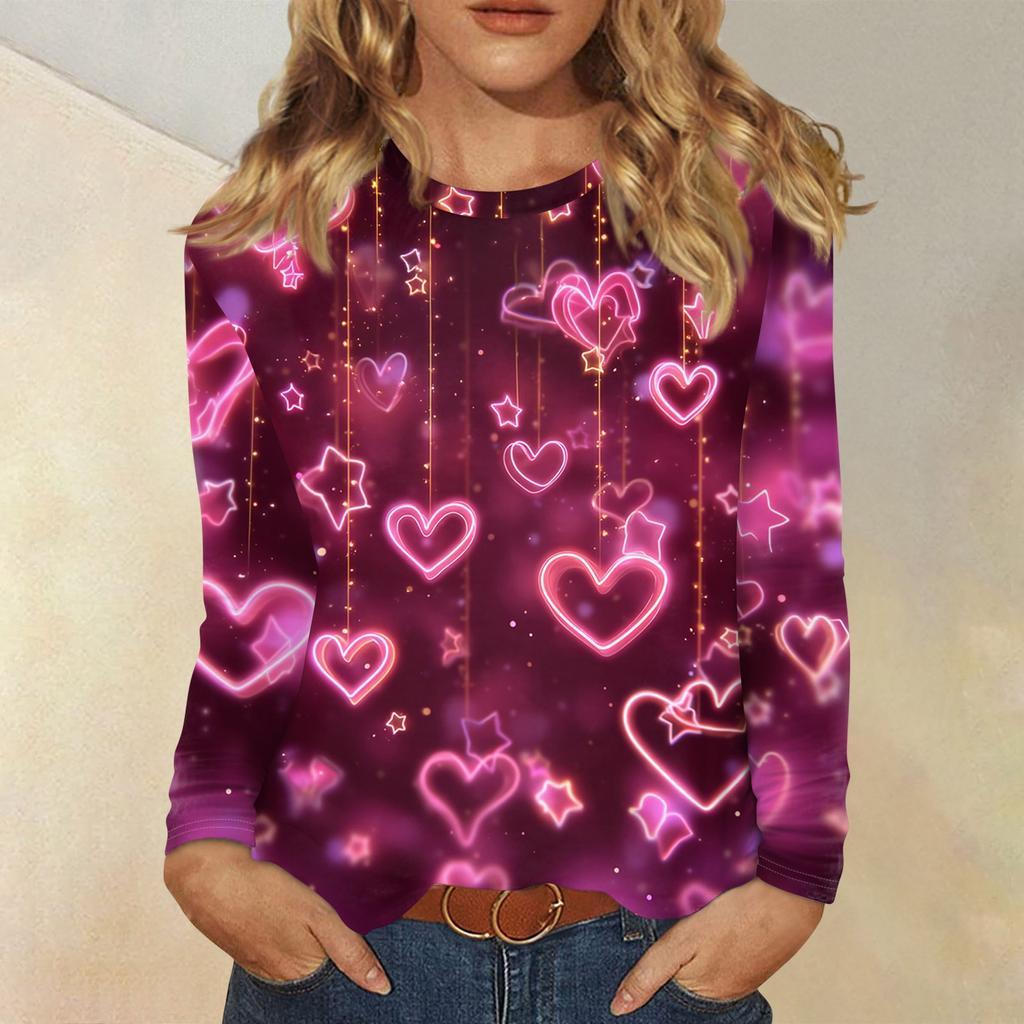 Damen Valentinstag Modisches Herzmuster Rundhals Langarm Pullover Top