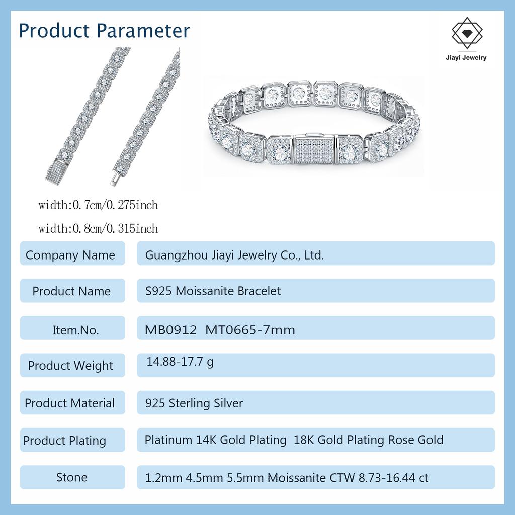 7mm 8mm S925 Sterling Silver Bezel Set Moissanite Tennis Bracelet Square Frame Round Cut Fine Jewelry 8.73-16.44 CTW