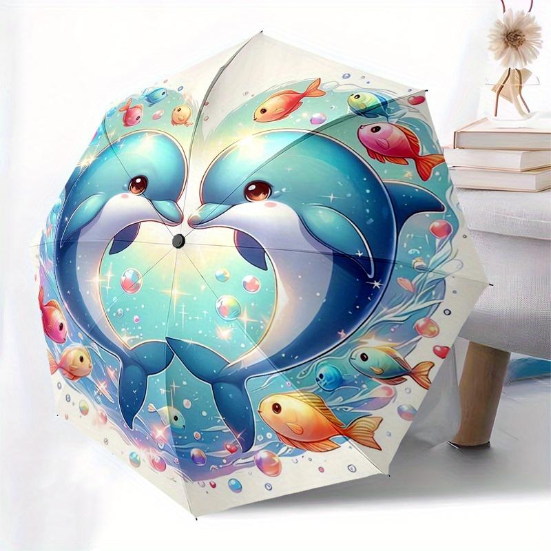 Dolphins Heart Automatic Folding Umbrella  Simple 8 Rib Design, Bright Cartoon Pattern, Durable Iron Frame, Suitable For Travel, Outdoor, Be