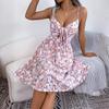 Women Casual Floral Ruffled Bow Strappy High Waist A Line Midi Dress