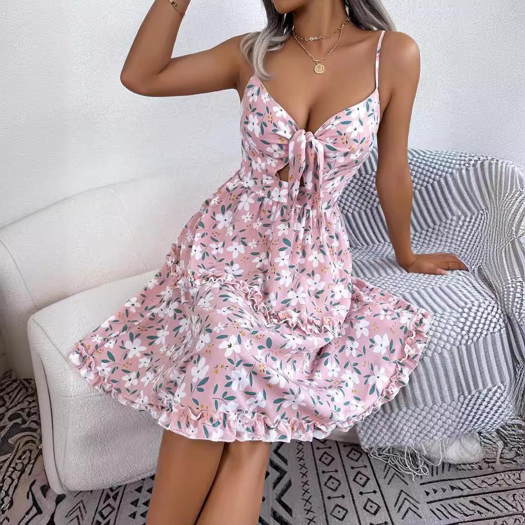 Women Casual Floral Ruffled Bow Strappy High Waist A Line Midi Dress