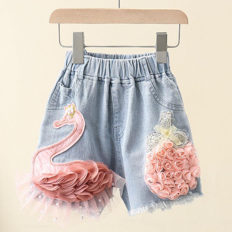 Girls' Denim Shorts Summer Teen Kids New Korean Cute Lace Swan Girls Elastic Waist Short Jeans Children's Clothes