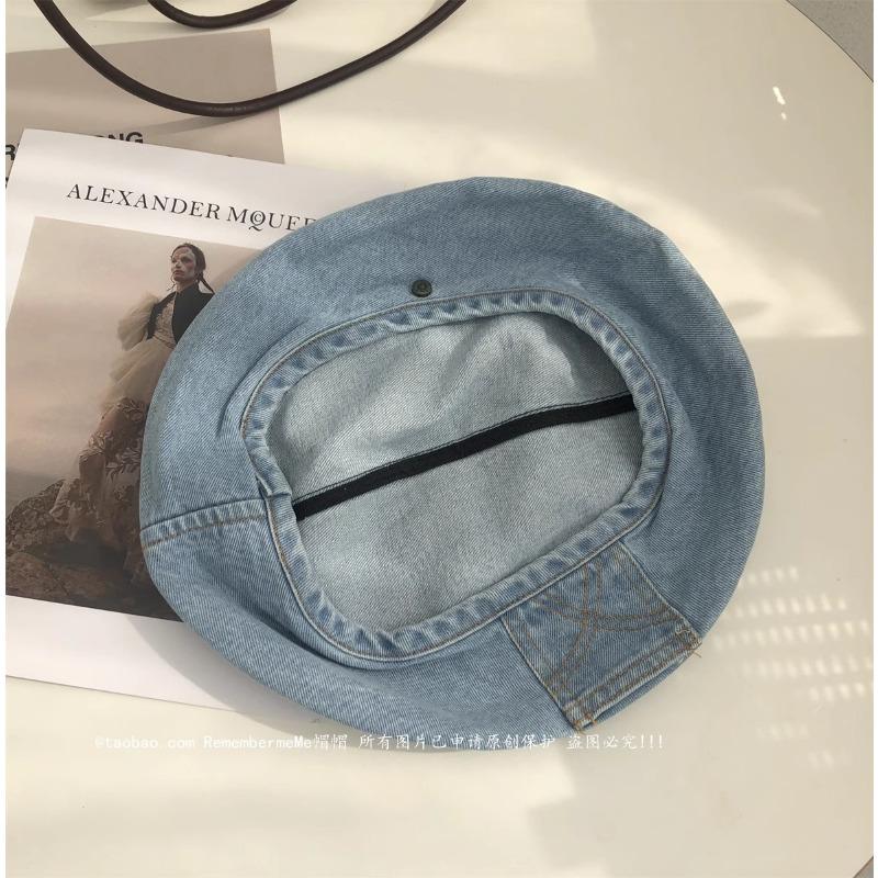 Octagonal Denim Beret Women's Autumn Hat Nostalgic Retro Big Head Circumference Summer Showing Face Small Painter Hat High Sense