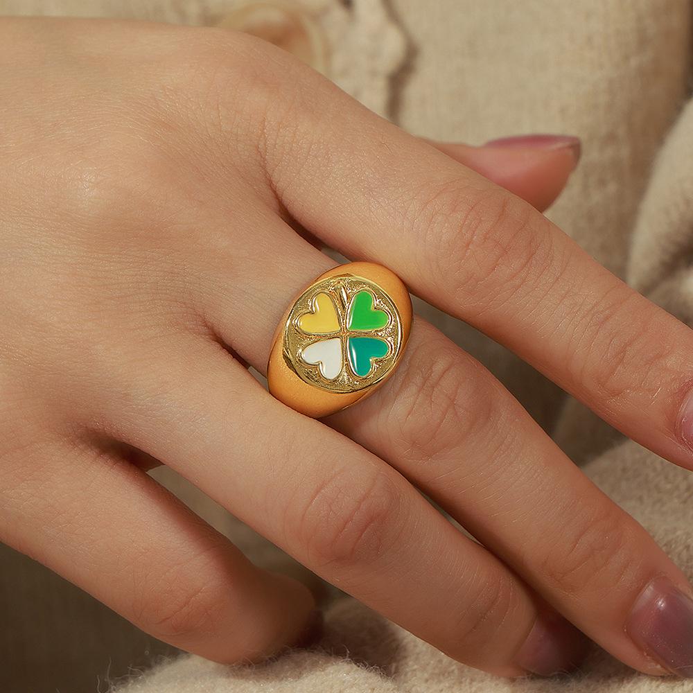 Korean Style Geometric Heart Clover Enamel Ring for Women - Trendy Temperament Design