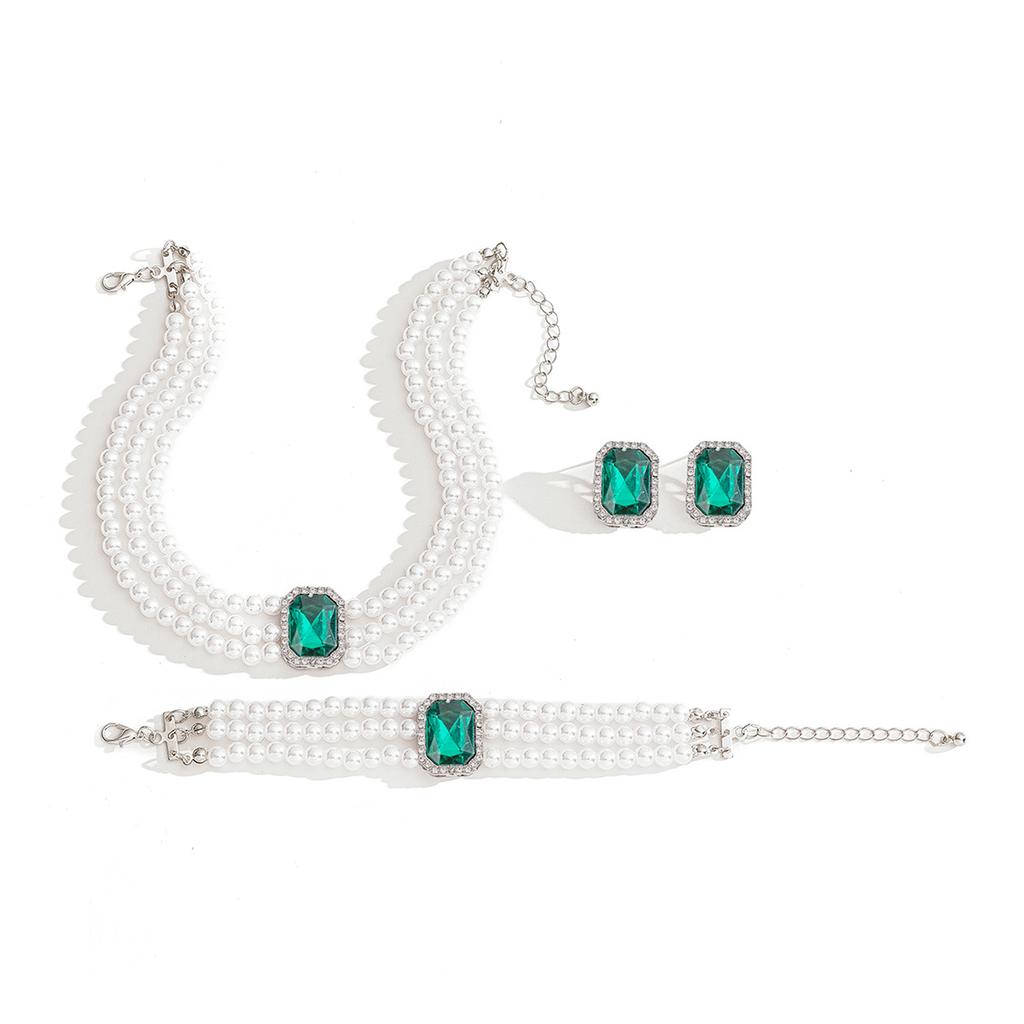 Necklace Set Jewelry Exaggerated Light Luxury Gemstone Collarbone Chain Imitation Pearl Retro Ring Bracelet