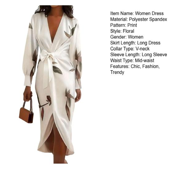 Women's Floral Print Satin Wrap Midi Dress Deep V Neck Long Sleeve Bodycon Dress Split Formal Evening Party Dress
