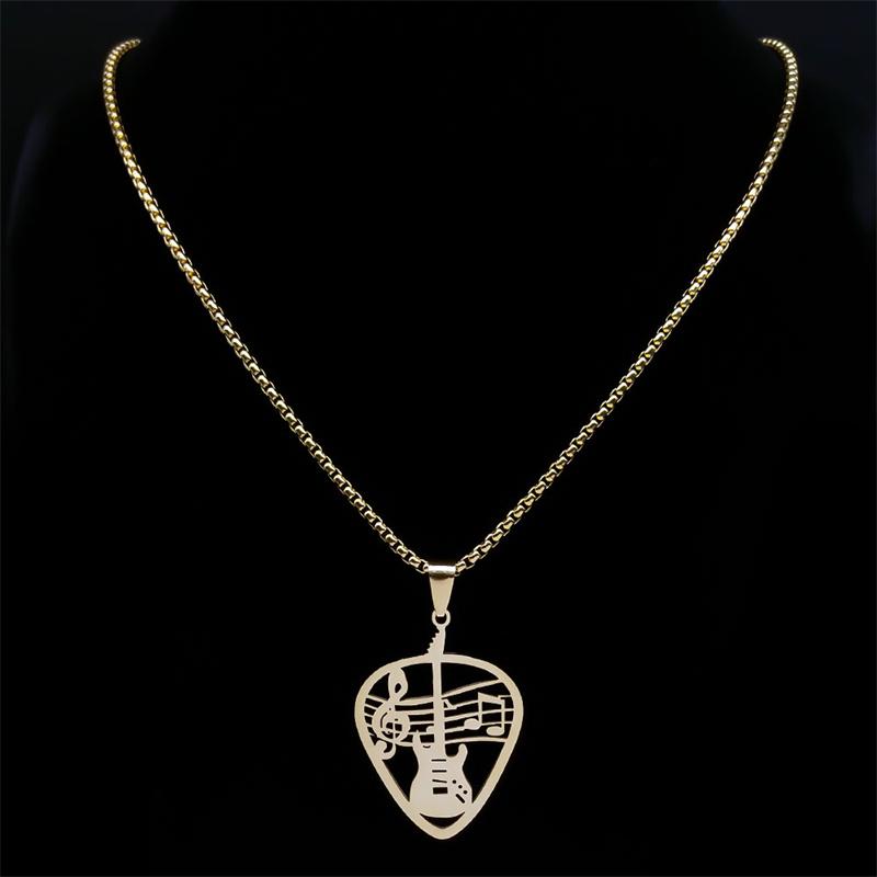 Music Guitar Pick Pendant Necklace for Women/Men Stainless Steel Gold Color Punk Bass Note Chain Necklace Party Jewelry collar