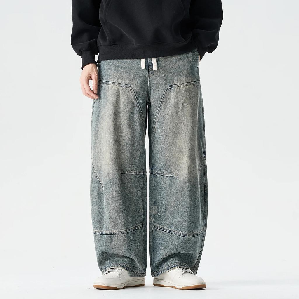 2026 Spring Men Black Denim Pants Men Vintage Elastic Waist Jeans Pants Male Hip Hop Wide Leg Pants Man Cotton Baggy Trousers