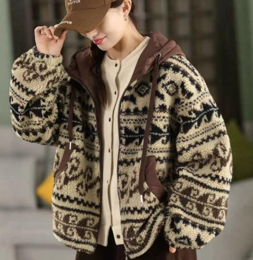 

Johnature Women Vintage Hooded Print Floral Zipper Warm Winter Coats Chinese Style Long Sleeve Female Coats One Size бежевый