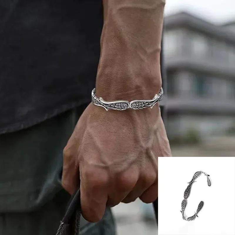 Fashionable Wings Feather Adjustable Cuff Bracelet for Men Trendy Open Design Lucky Jewelry Gift