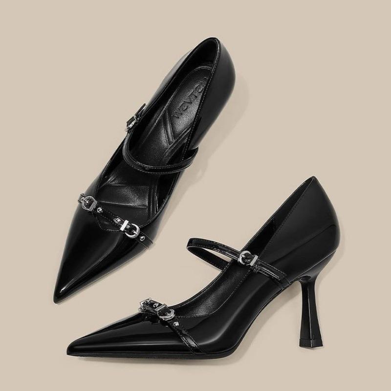 2026 New Summer French Black Pointed Patent Leather Mid-heel Overhead Sandals for Women Retro Skinny Heel Back Empty Shoes