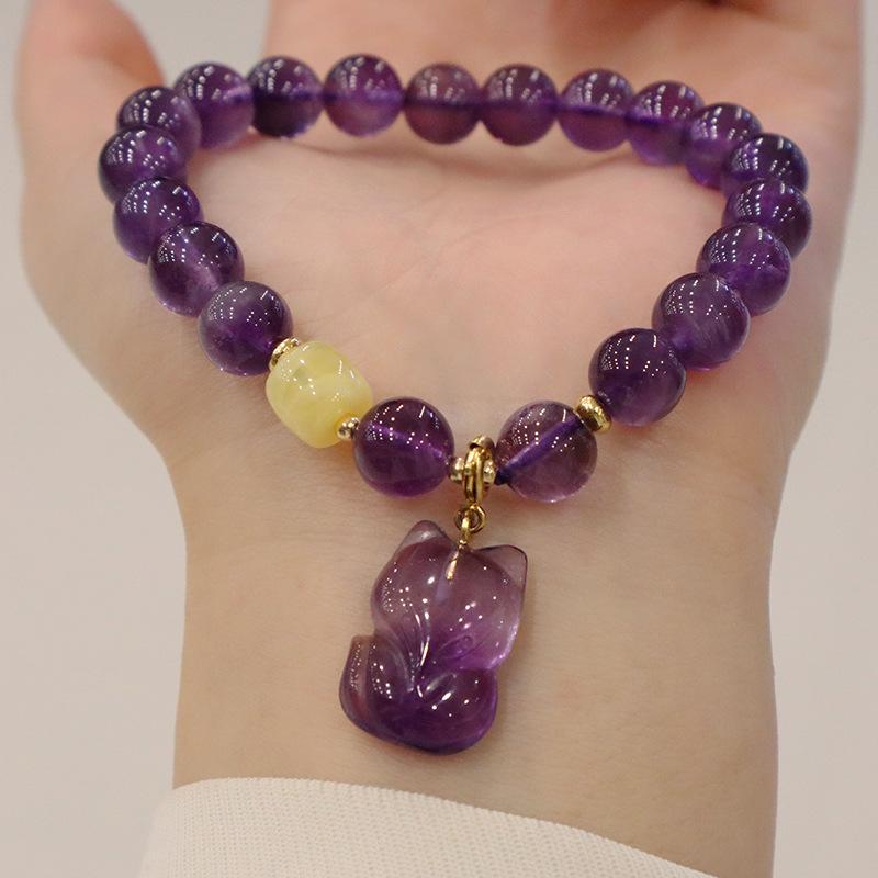 

Natural Amethyst Bracelet with Cute Fox Pendant and Yellow Round Bead, Lavender Purple Crystal Bracelet Fashion Accessories for Women