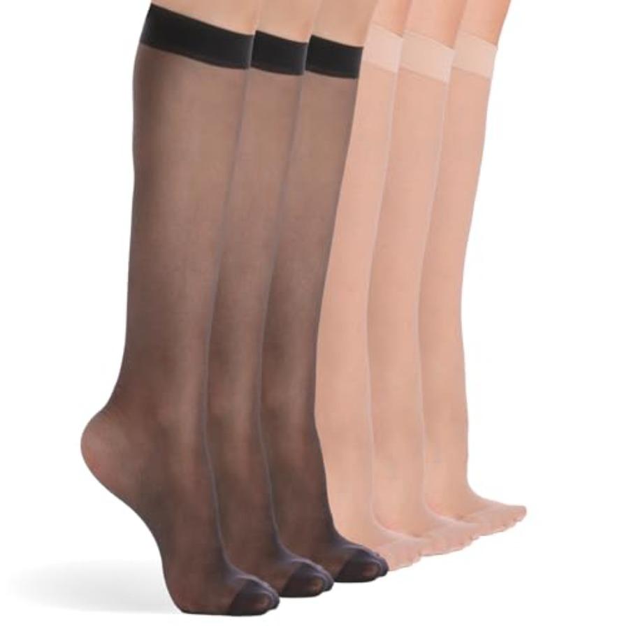 6 Paar kniehohe Strümpfe für Damen, elastische feine durchsichtige Socken mit verstärkter Spitze, 20 Denier Nylon, Einheitsgröße beige