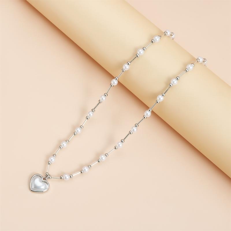 Stylish Heart Pearls Pendant Necklace Adjustable Chain Sweet Cool Fashionable Versatile Neckchain Jewelry Accessory