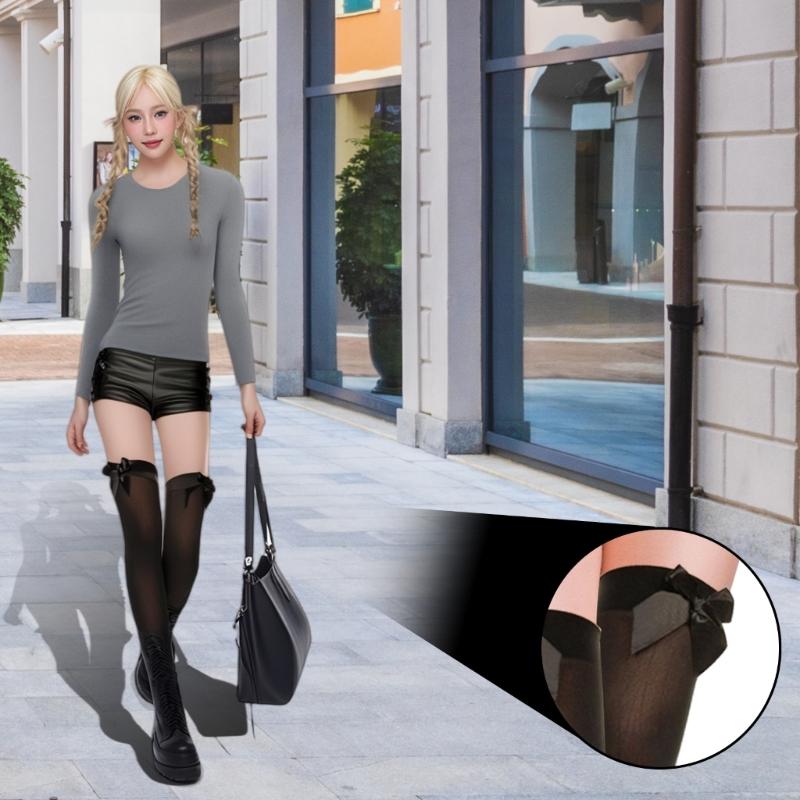 Stylish Thigh High Socks with Sweet Bowknot Accent 80D Velvets Opaque Over Knee Stockings for Women Casual and Party Use