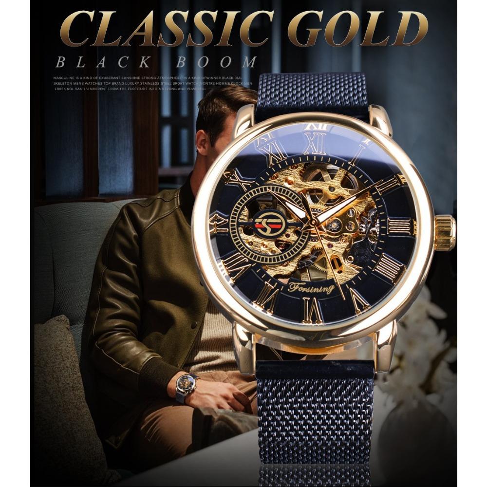 Forsining Watch Men's Fashion Casual Roman Digital Mesh with Hollow Automatic Mechanical Watch GMT1040-8-A
