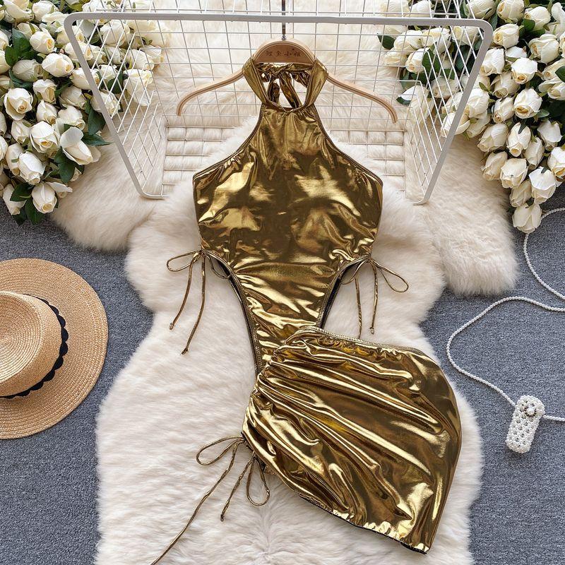 

Dopamine Sexy Style Metal Strap Tight Jumpsuit Gold S