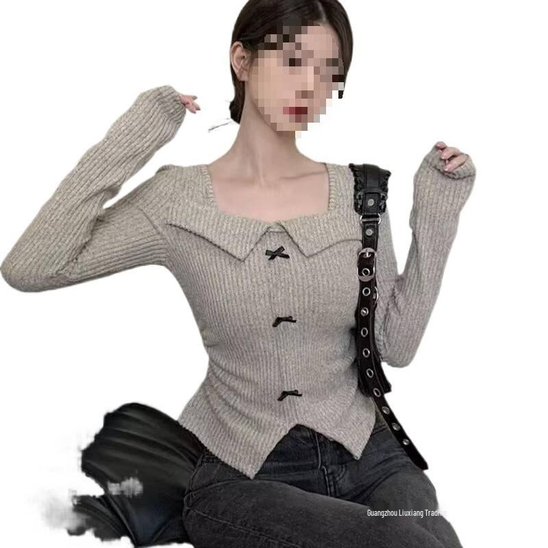 Korean Chic Long-Sleeved Knit Top for Women - Slimming Cropped Autumn/Winter Style