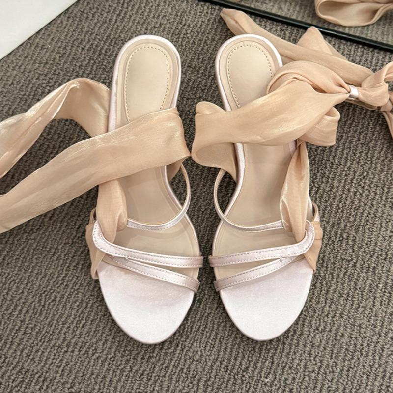 Fashion Women's Fashion Stiletto Sandals Summer New Round Head Fabric Cross Thin Strap Strap Anti-slip Wear-resistant High Heels