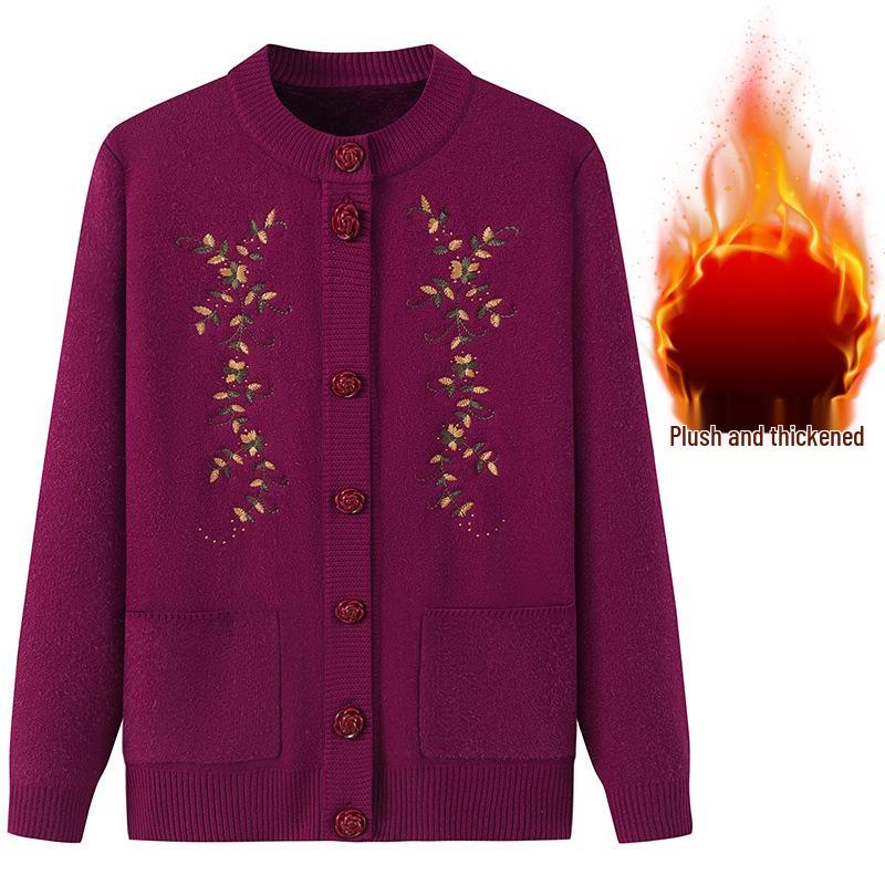 Dámský plusový sametový zesílený kardigan - Jarní a podzimní pletený svetr pro středního věku a starší