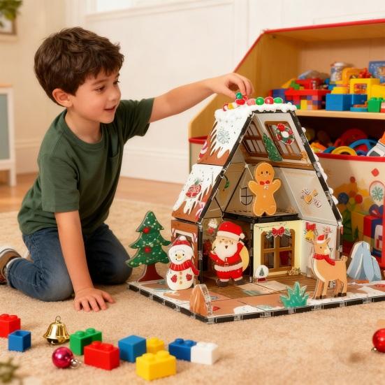 Yousheng Magnetic Gingerbread House Building Set for Kids DIY Holiday Cookie House Toy with Magnetic Tiles Magnet Building Blocks Learning Kit Toddler
