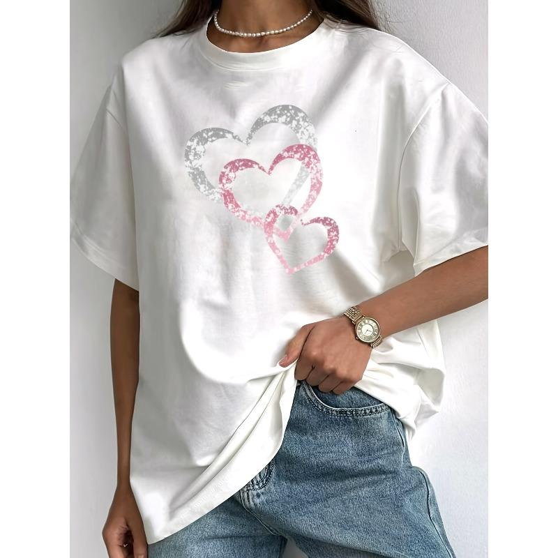 European Size Women'S Short Sleeve T-Shirt, 5 Colors | Sweet Glitter Visual Hearts Graphic Tee, Romantic Love Theme Summer Top