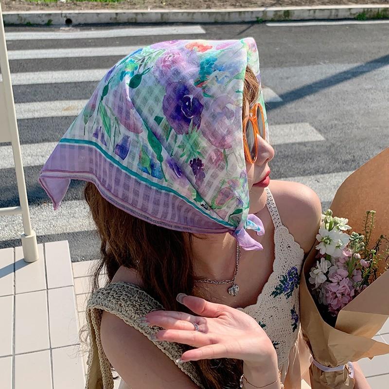 Eșarfă mică pătrată retro de țară, eșarfă artistică franțuzească din bumbac și in, eșarfă de cap pentru femei de primăvară și toamnă, vară, pentru umbră și protecție solară