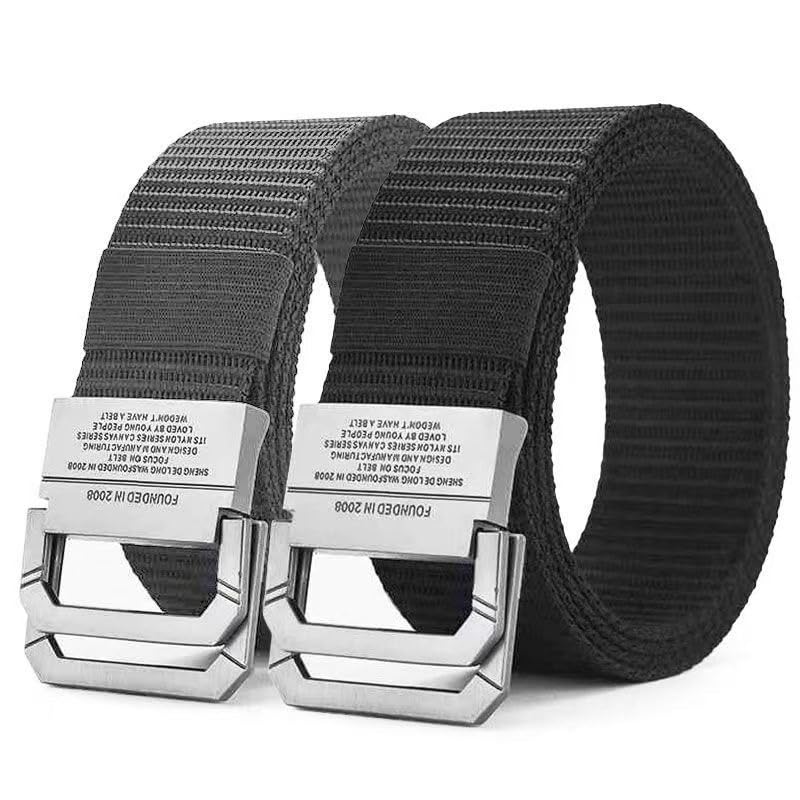 Double-ring nylon belt, silver buckle, D-ring, military style, 3.8cm wide, available in 4 colors: gray, khaki, olive, and black (black)