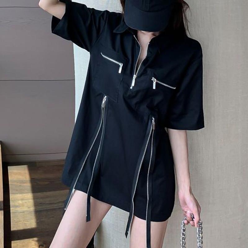 Women Vintage Harajuku Streetwear Zipper Designer Shirts Summer Trend Short Sleeve Loose Blouse Y2K Female White Black Chic Tops